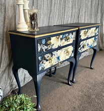 Load image into Gallery viewer, Queen Anne Style Navy floral Gold Bedside pair
