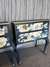 Load image into Gallery viewer, Queen Anne Style Navy floral Gold Bedside pair
