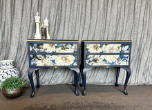 Load image into Gallery viewer, Queen Anne Style Navy floral Gold Bedside pair
