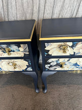 Load image into Gallery viewer, Queen Anne Style Navy floral Gold Bedside pair
