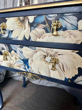 Load image into Gallery viewer, Queen Anne Style Navy floral Gold Bedside pair
