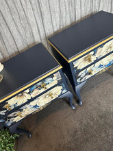 Load image into Gallery viewer, Queen Anne Style Navy floral Gold Bedside pair
