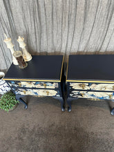 Load image into Gallery viewer, Queen Anne Style Navy floral Gold Bedside pair
