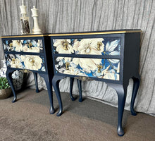 Load image into Gallery viewer, Queen Anne Style Navy floral Gold Bedside pair
