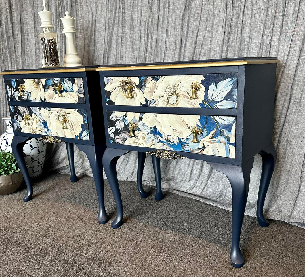 Queen Anne Style Navy floral Gold Bedside pair