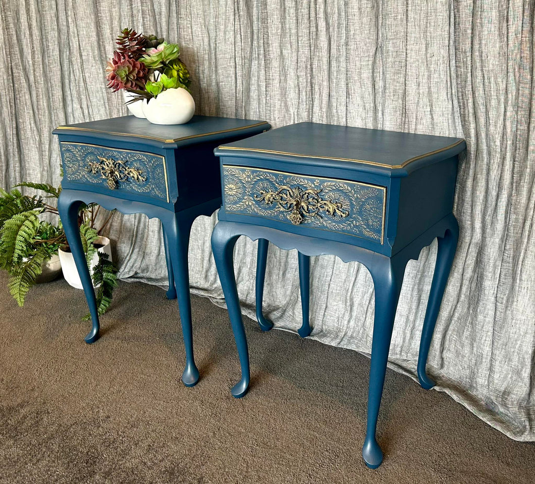 Queen Anne Style Dark Teal & Vintage Gold Bedside pair