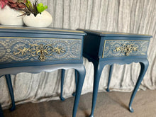 Load image into Gallery viewer, Queen Anne Style Dark Teal &amp; Vintage Gold Bedside pair
