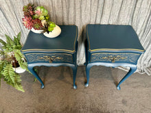 Load image into Gallery viewer, Queen Anne Style Dark Teal &amp; Vintage Gold Bedside pair
