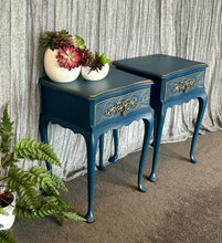 Load image into Gallery viewer, Queen Anne Style Dark Teal &amp; Vintage Gold Bedside pair
