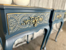 Load image into Gallery viewer, Queen Anne Style Dark Teal &amp; Vintage Gold Bedside pair
