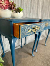 Load image into Gallery viewer, Queen Anne Style Dark Teal &amp; Vintage Gold Bedside pair
