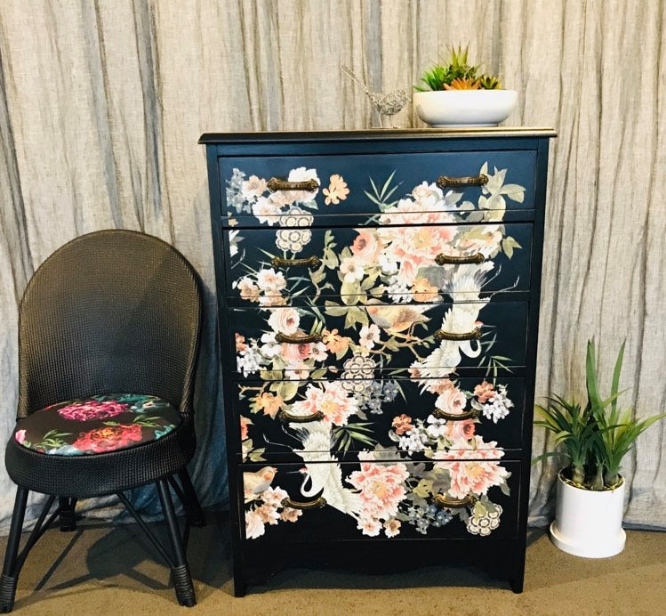 Black Chest of Drawers - Flowers & Cranes