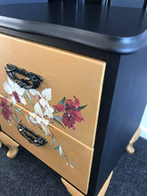 Load image into Gallery viewer, Black &amp; Gold Queen Anne Style Tall boy Drawers &amp; Bedside Table Set
