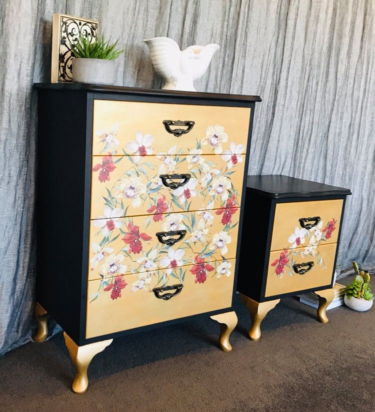 Black & Gold Queen Anne Style Tall boy Drawers & Bedside Table Set