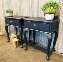 Load image into Gallery viewer, PAIR NAVY BLUE QUEEN ANNE BEDSIDE DRAWERS
