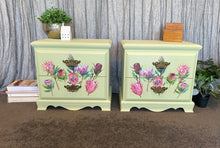 Load image into Gallery viewer, Pair of Bedside Tables - Pale Green &amp; Proteas
