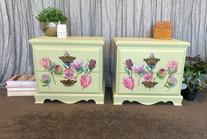 Pair of Bedside Tables - Pale Green & Proteas