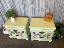Load image into Gallery viewer, Pair of Bedside Tables - Pale Green &amp; Proteas
