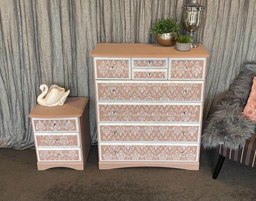 Tallboy & Bedside Set - Damask Pink & white