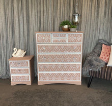 Load image into Gallery viewer, Tallboy &amp; Bedside Set - Damask Pink &amp; white
