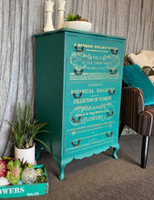 Load image into Gallery viewer, Queen Anne Tall Boy 5 Drawer - Teal &amp; Gold
