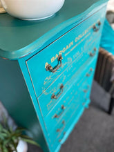 Load image into Gallery viewer, Queen Anne Tall Boy 5 Drawer - Teal &amp; Gold
