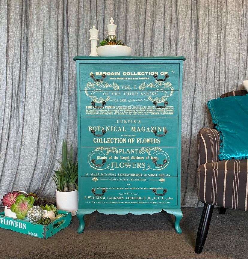 Queen Anne Tall Boy 5 Drawer - Teal & Gold