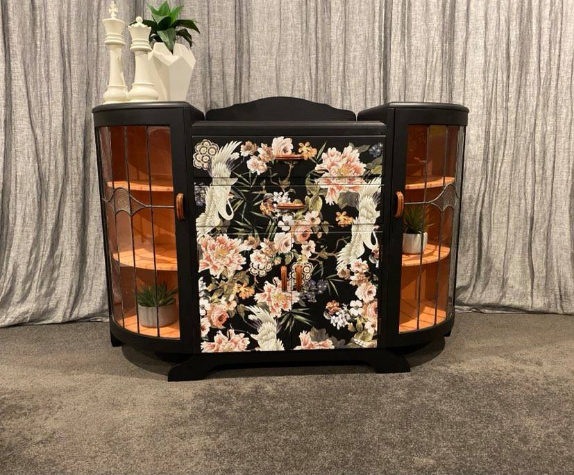 Art Deco China/Drinks Cabinet - Black & Coral