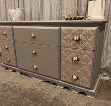 Load image into Gallery viewer, Hazelwood &amp; Metallic Rose Gold Low Boy Drawers

