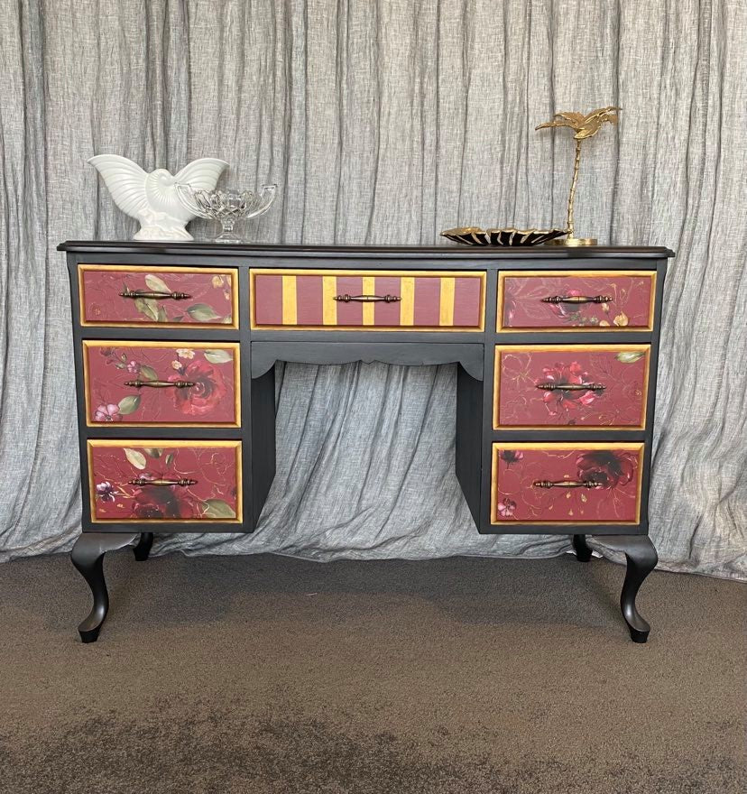 RED, BLACK & GOLD DRESSER/DESK/HALL TABLE