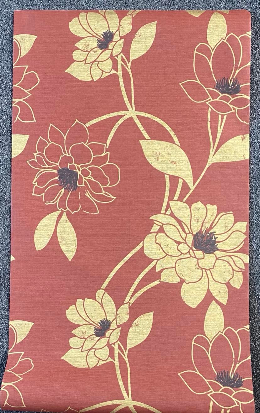 WALLPAPER - RUST RED & METALLIC GOLD FLORAL (by metre)