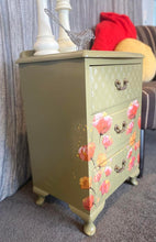 Load image into Gallery viewer, Moss Green Single Bedside Drawers with Poppies
