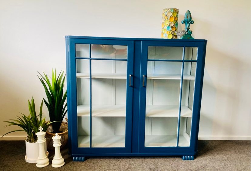 Super Huge Art Deco Storage/Drinks/China Cabinet - Blue & Grey