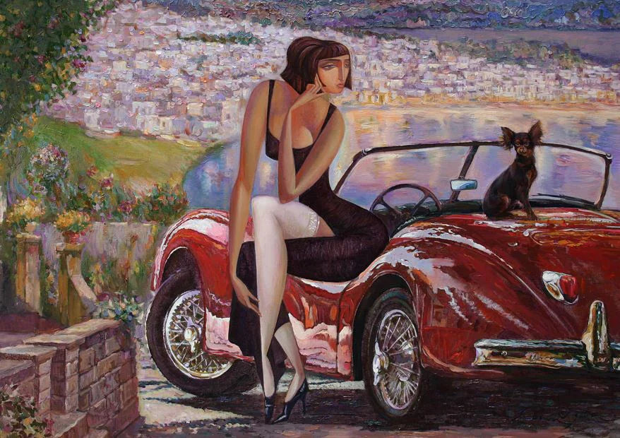 MINT DECOUPAGE ~ LADY IN RED CAR A3