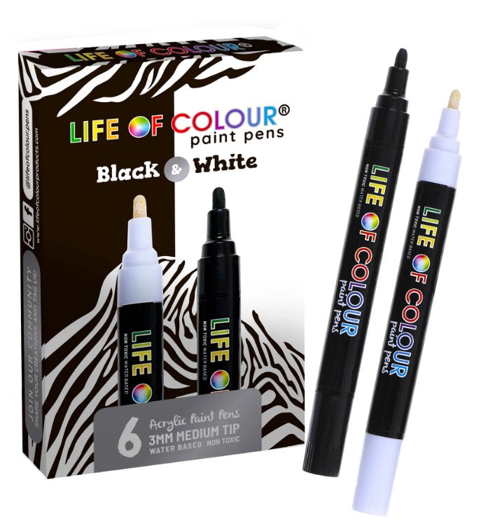 Black and White 3mm Medium Tip Acrylic Paint Pens - Set of 6