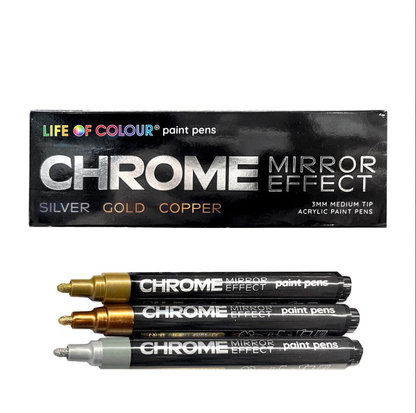 CHROME MIRROR EFFECT 3mm Medium Tip Acrylic Paint Pens - Set of 3