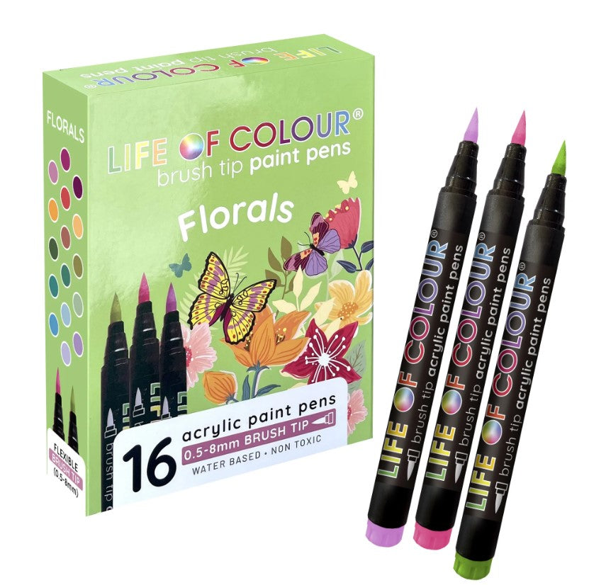 FLORAL COLOURS BRUSH Tip Acrylic Paint Pens - Set of 16